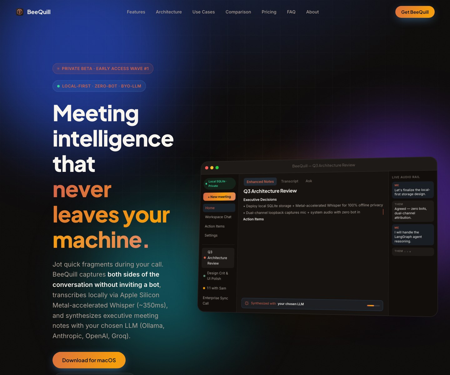 BeeQuill official website showing its local-first meeting workspace