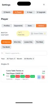 Table Tennis SB match history and set scores